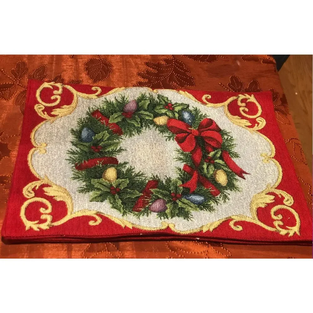 NWOT Set of‎ 2 Reversible Tapestry Christmas Placemats Snowman Wreath Vintage